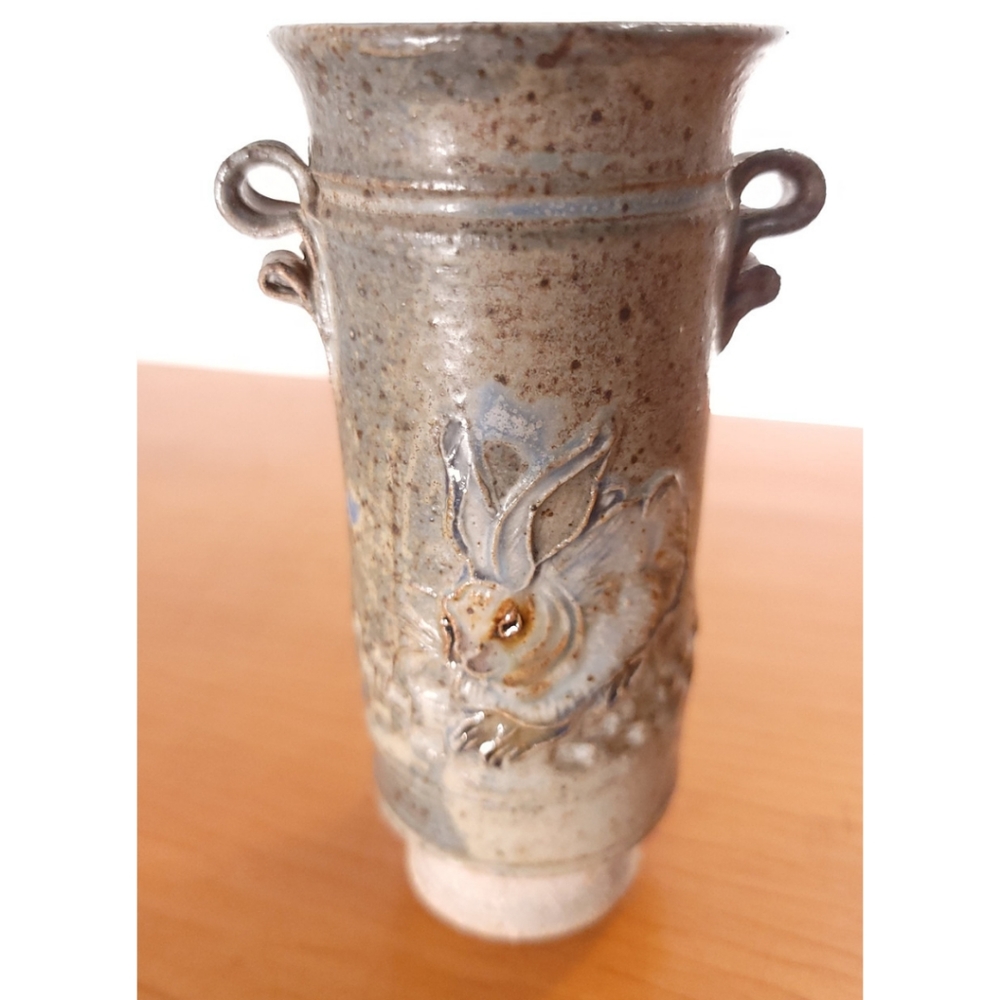 Stone Pottery Rabbit Bud Vase Stoneware Glazed Bunny Natural Mini Urn *SIGNED*